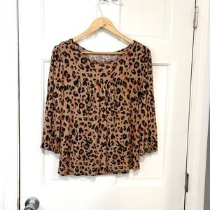 LOFT Womens Leopard Print Babydoll Top Blouse Tan/Navy/Orange 3/4 Blouson Sleeve
